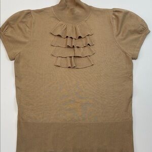 August Silk Ruffle Mock Neck Short Sleeve Knit Top Tan Women’s Sz L